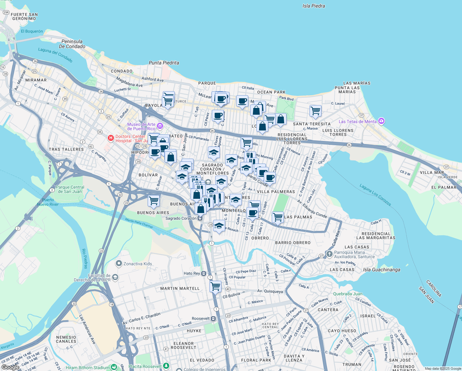 map of restaurants, bars, coffee shops, grocery stores, and more near 460-474 Calle Sagrado Corazón De Jesús in San Juan