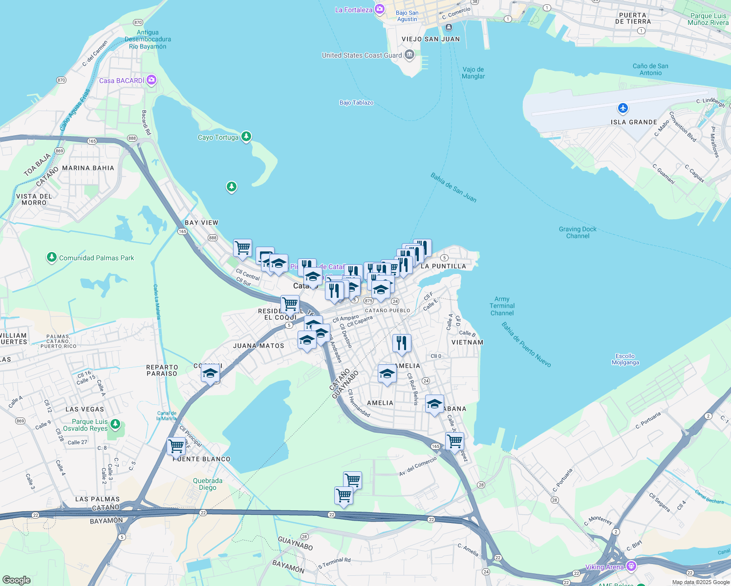 map of restaurants, bars, coffee shops, grocery stores, and more near in Cataño