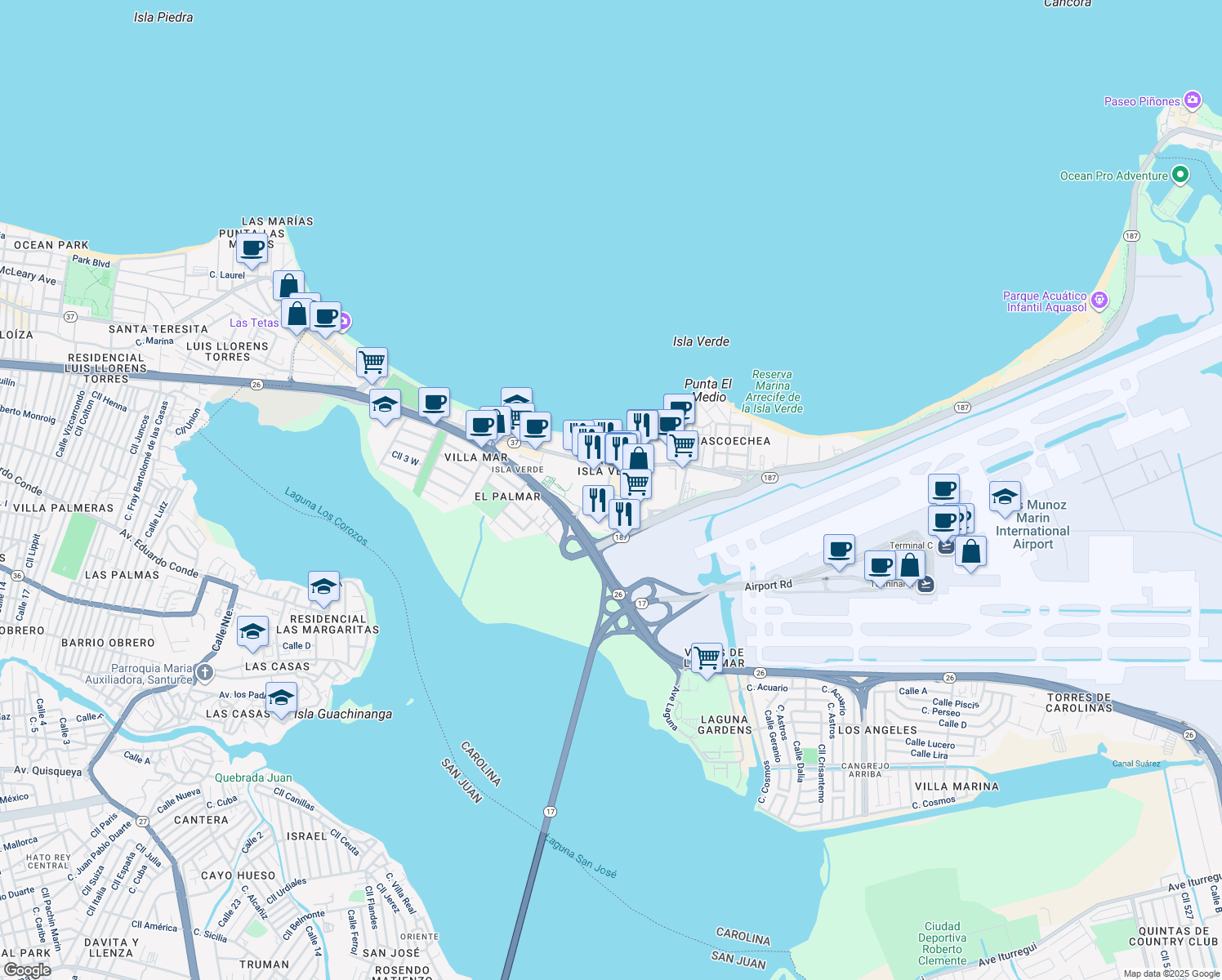 map of restaurants, bars, coffee shops, grocery stores, and more near 5870 Calle Jose M. Tartak in Carolina