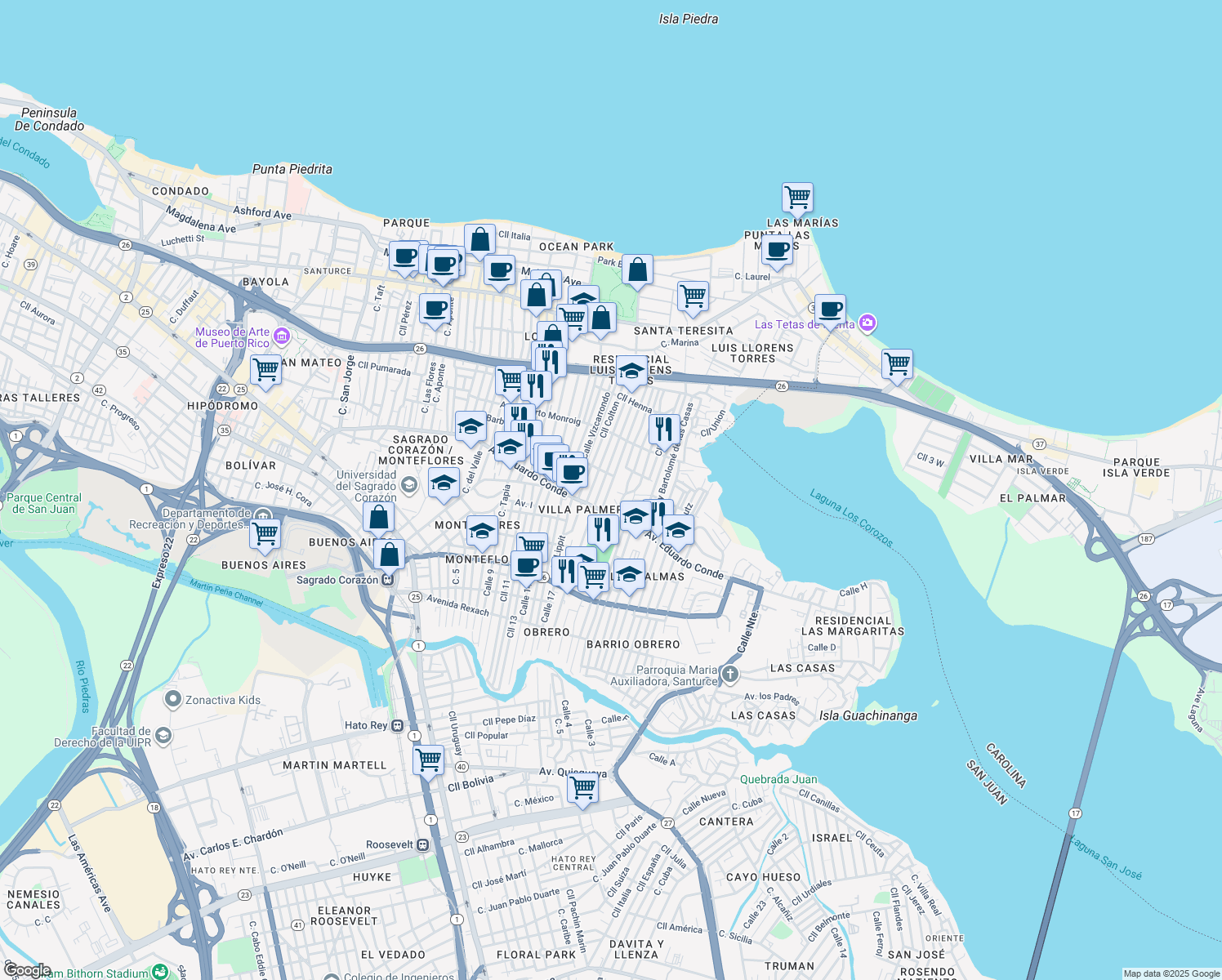 map of restaurants, bars, coffee shops, grocery stores, and more near in San Juan