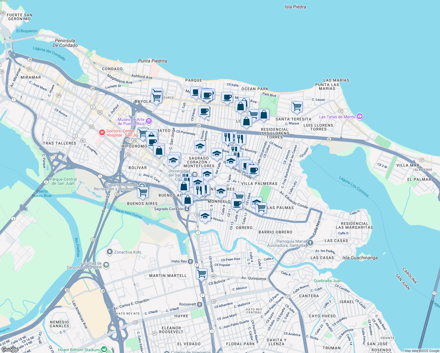 map of restaurants, bars, coffee shops, grocery stores, and more near in San Juan