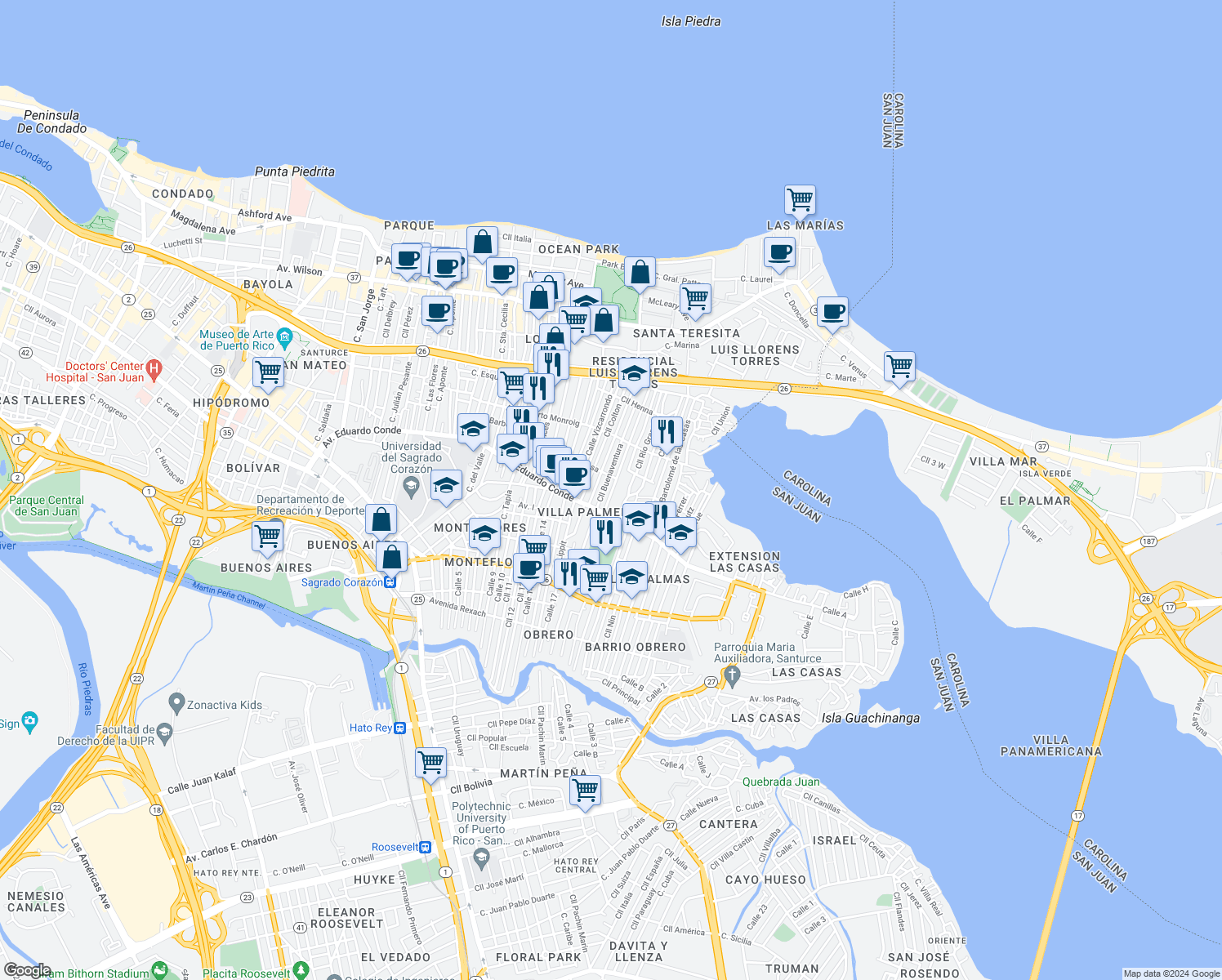 map of restaurants, bars, coffee shops, grocery stores, and more near in San Juan