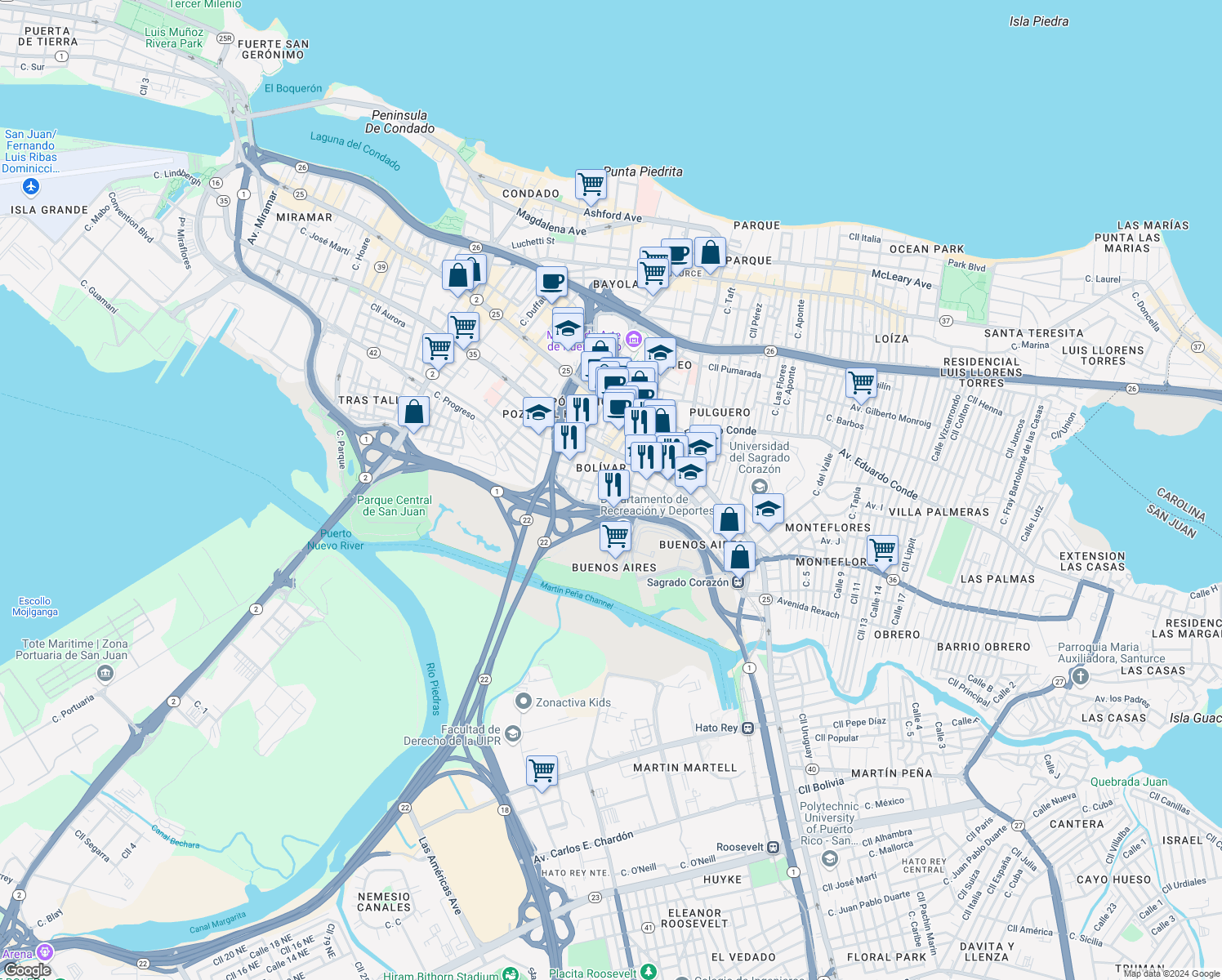 map of restaurants, bars, coffee shops, grocery stores, and more near in San Juan