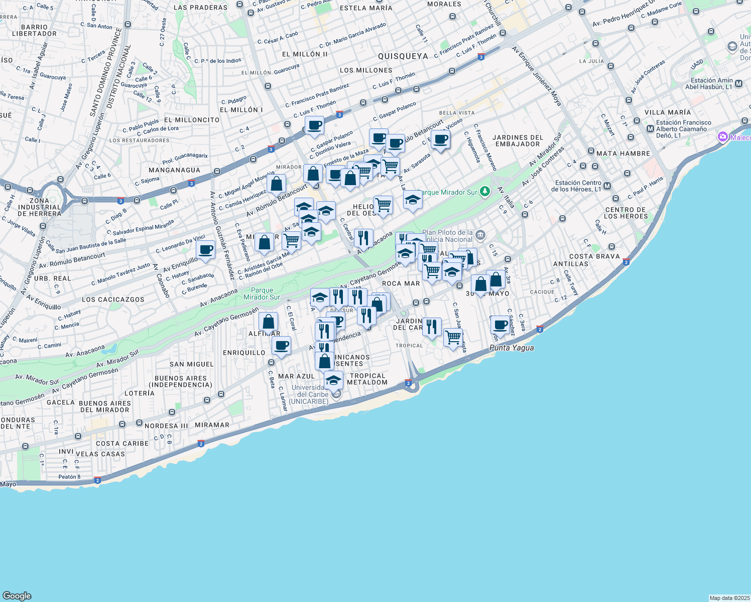 map of restaurants, bars, coffee shops, grocery stores, and more near Calle 2da in Santo Domingo