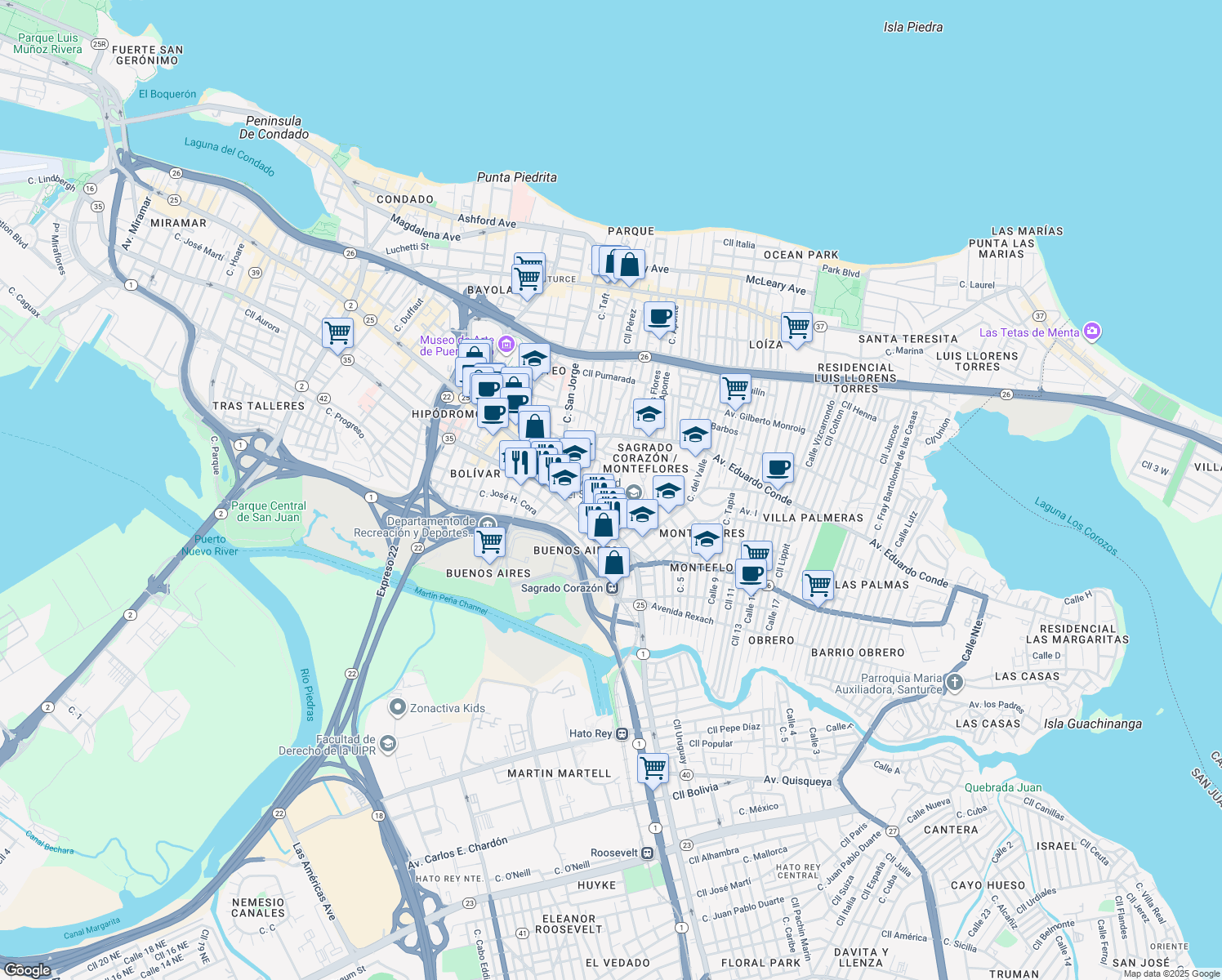 map of restaurants, bars, coffee shops, grocery stores, and more near 518-528 Calle J D Riera in San Juan