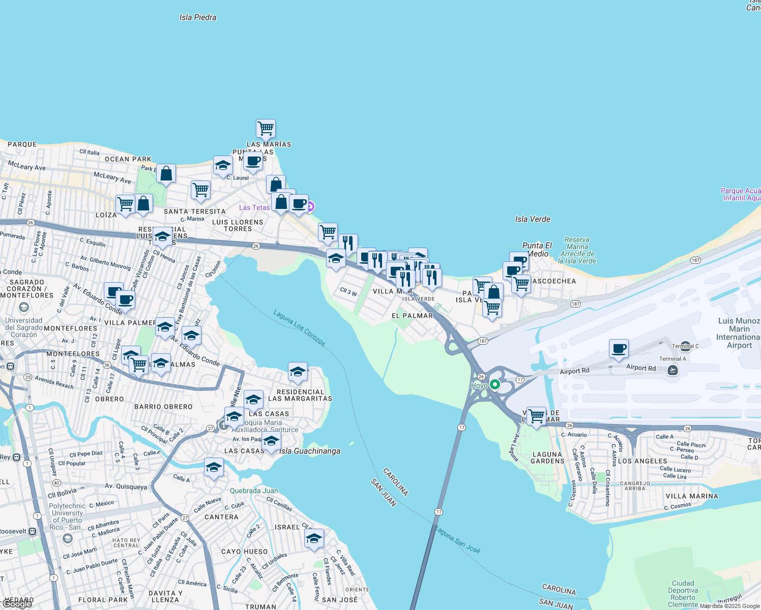 map of restaurants, bars, coffee shops, grocery stores, and more near 114 Calle Mar del Japon in Carolina