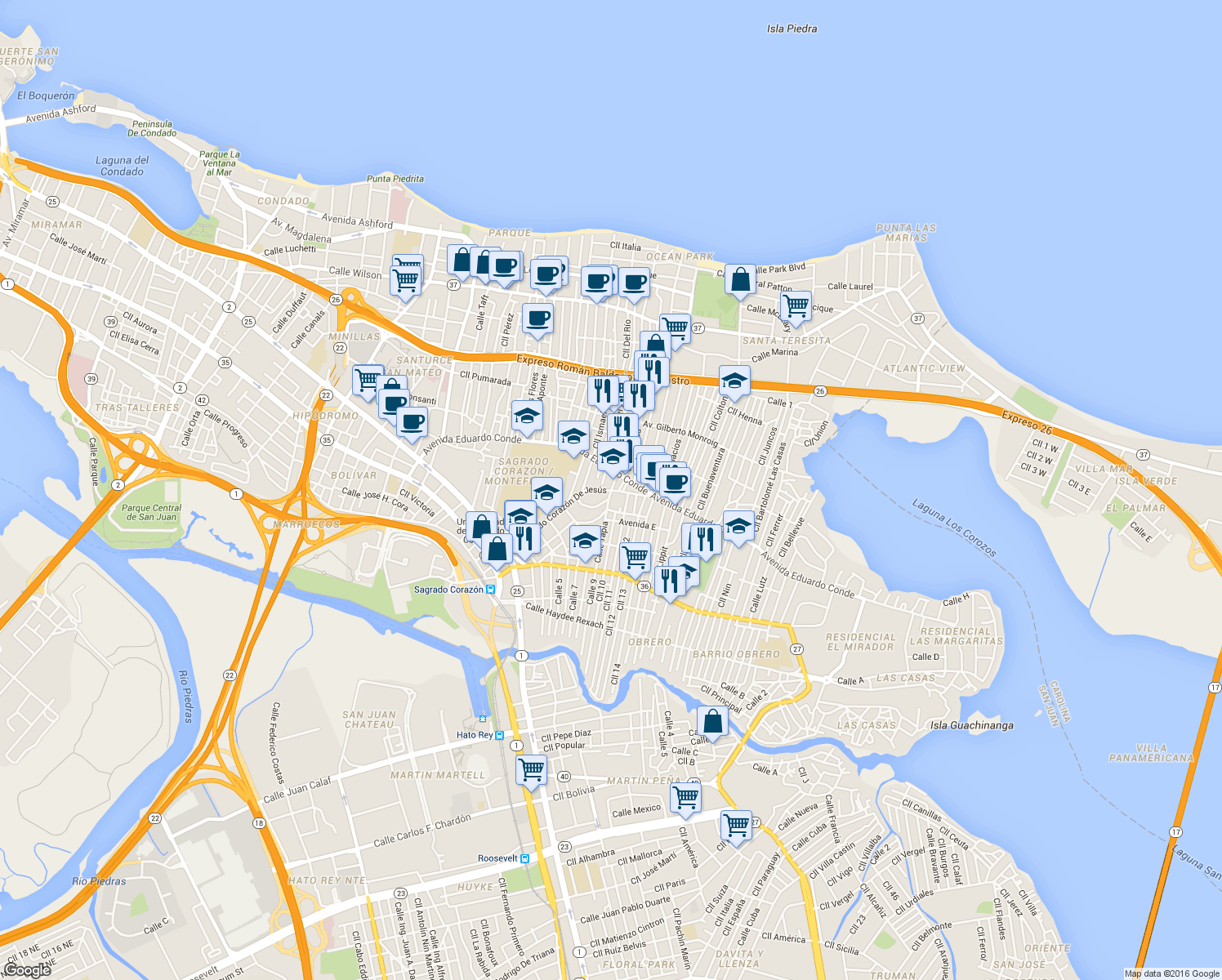 map of restaurants, bars, coffee shops, grocery stores, and more near 2011 Calle Sagrado Corazón De Jesús in San Juan