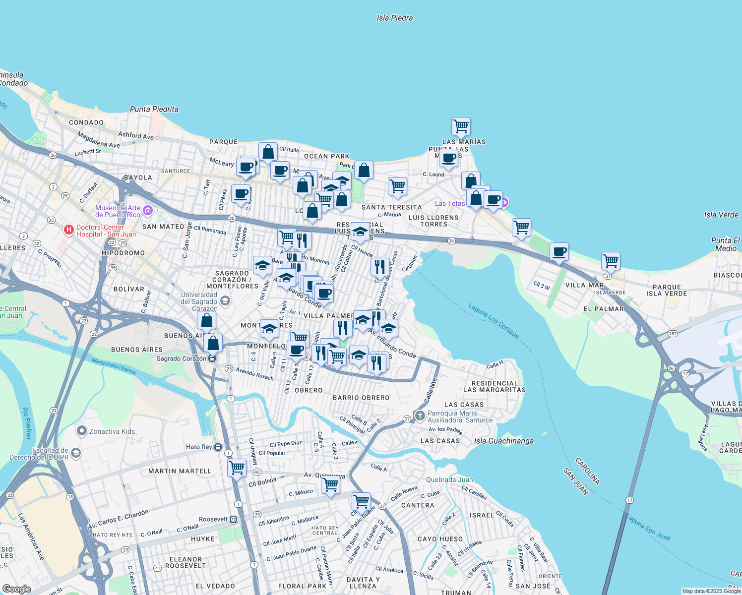 map of restaurants, bars, coffee shops, grocery stores, and more near 331 Calle Juncos in San Juan