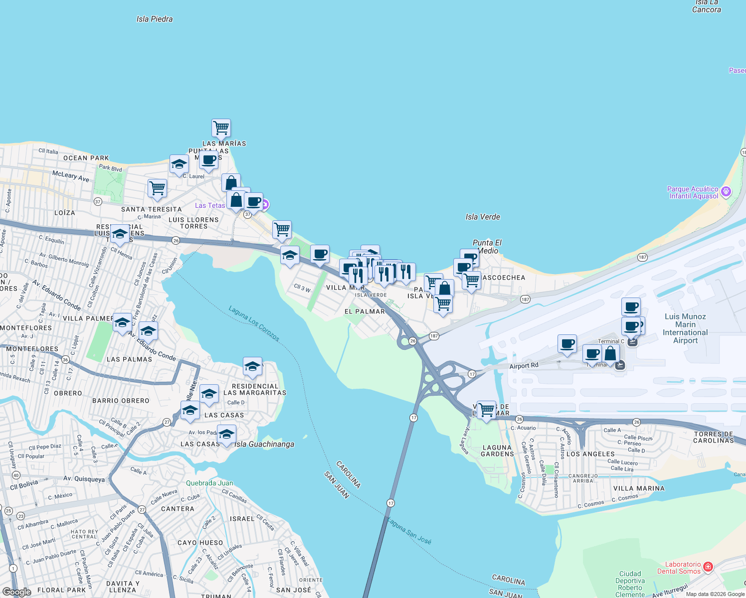 map of restaurants, bars, coffee shops, grocery stores, and more near 110 Calle Palma Real in Carolina