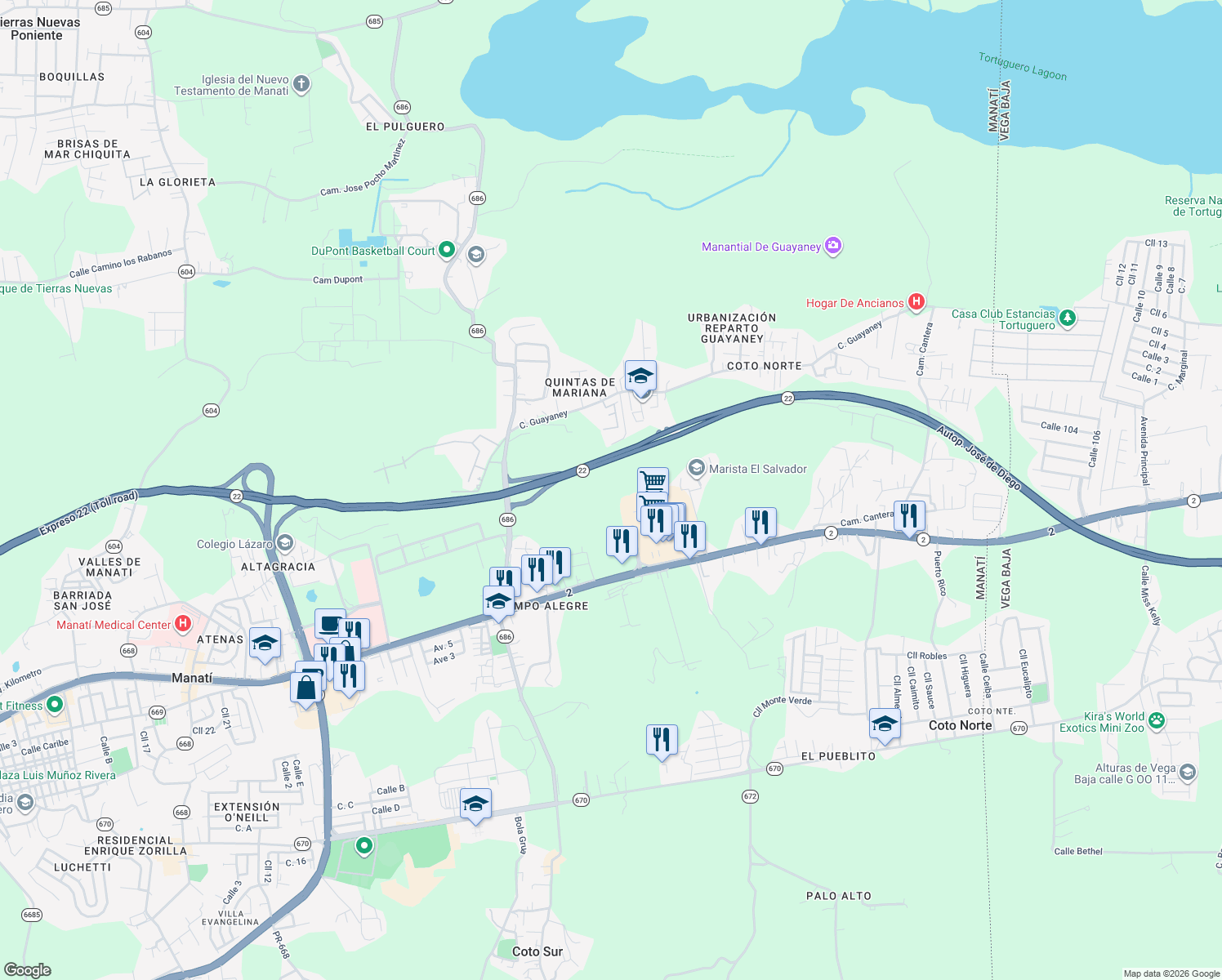 map of restaurants, bars, coffee shops, grocery stores, and more near Interstate PR2 in Manatí