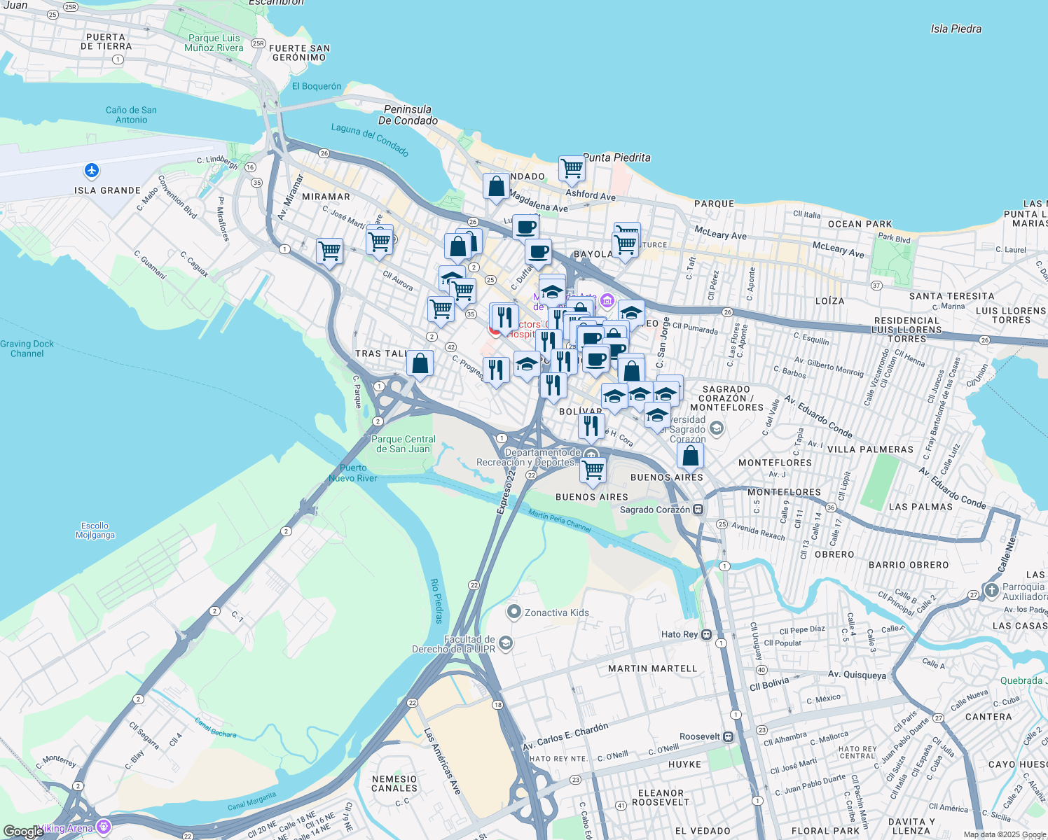 map of restaurants, bars, coffee shops, grocery stores, and more near 1454-1474 Calle Aibonito in San Juan
