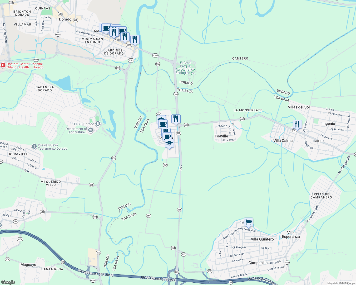 map of restaurants, bars, coffee shops, grocery stores, and more near Calle Timoteo Salas Quintero in Toa Baja