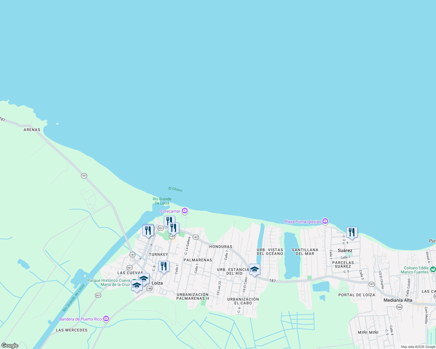 map of restaurants, bars, coffee shops, grocery stores, and more near in Loíza