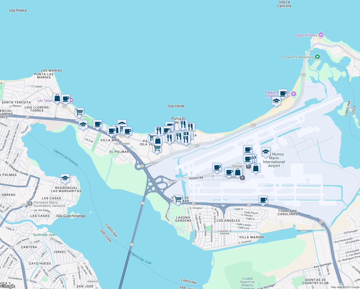 map of restaurants, bars, coffee shops, grocery stores, and more near 916 Puerto Rico 37 in Carolina