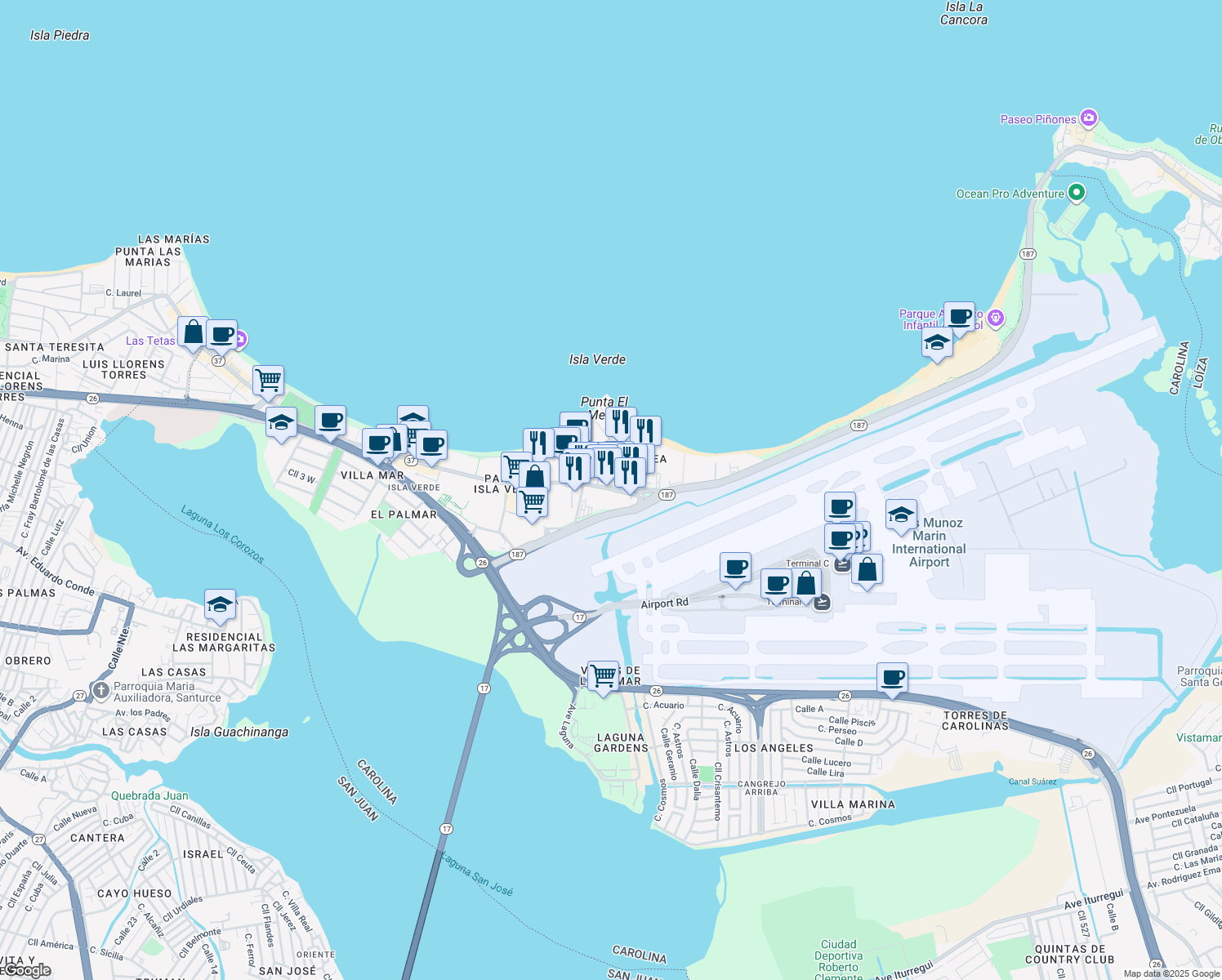 map of restaurants, bars, coffee shops, grocery stores, and more near 916 Puerto Rico 37 in Carolina