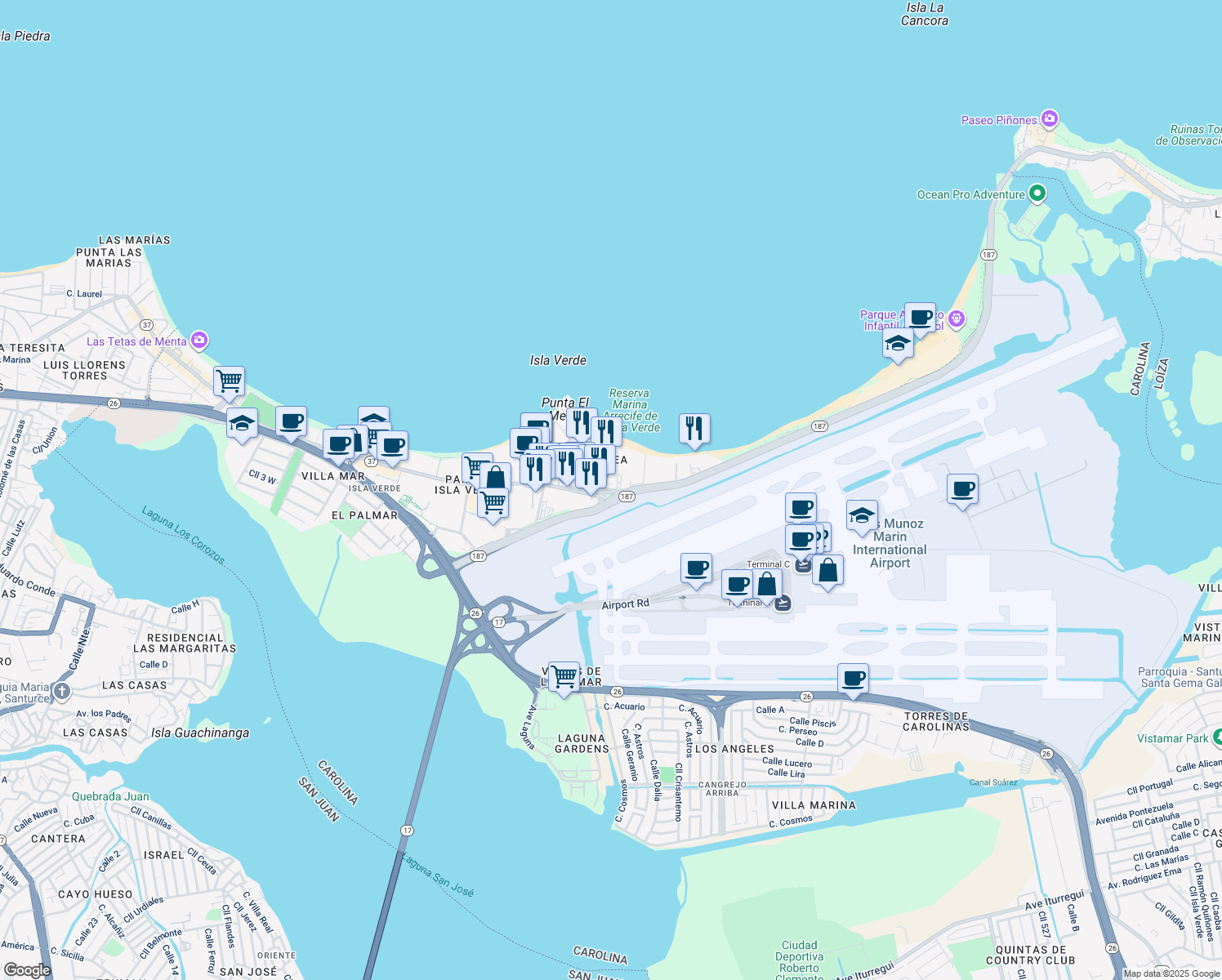 map of restaurants, bars, coffee shops, grocery stores, and more near 6961 Avenida Los Gobernadores in Carolina