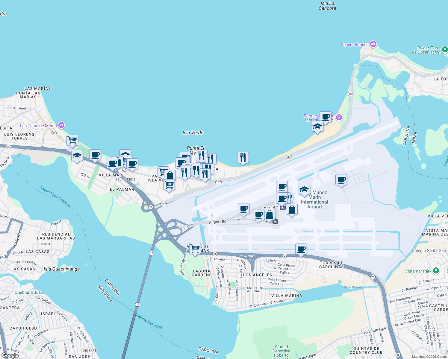 map of restaurants, bars, coffee shops, grocery stores, and more near in Carolina