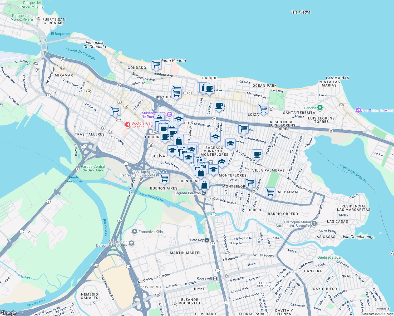 map of restaurants, bars, coffee shops, grocery stores, and more near Avenida Juan Ponce de León in San Juan