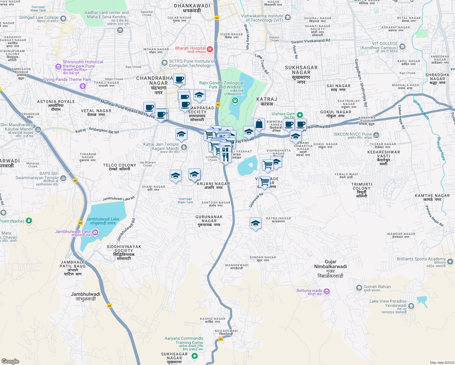 map of restaurants, bars, coffee shops, grocery stores, and more near Katraj Ghat in Pune