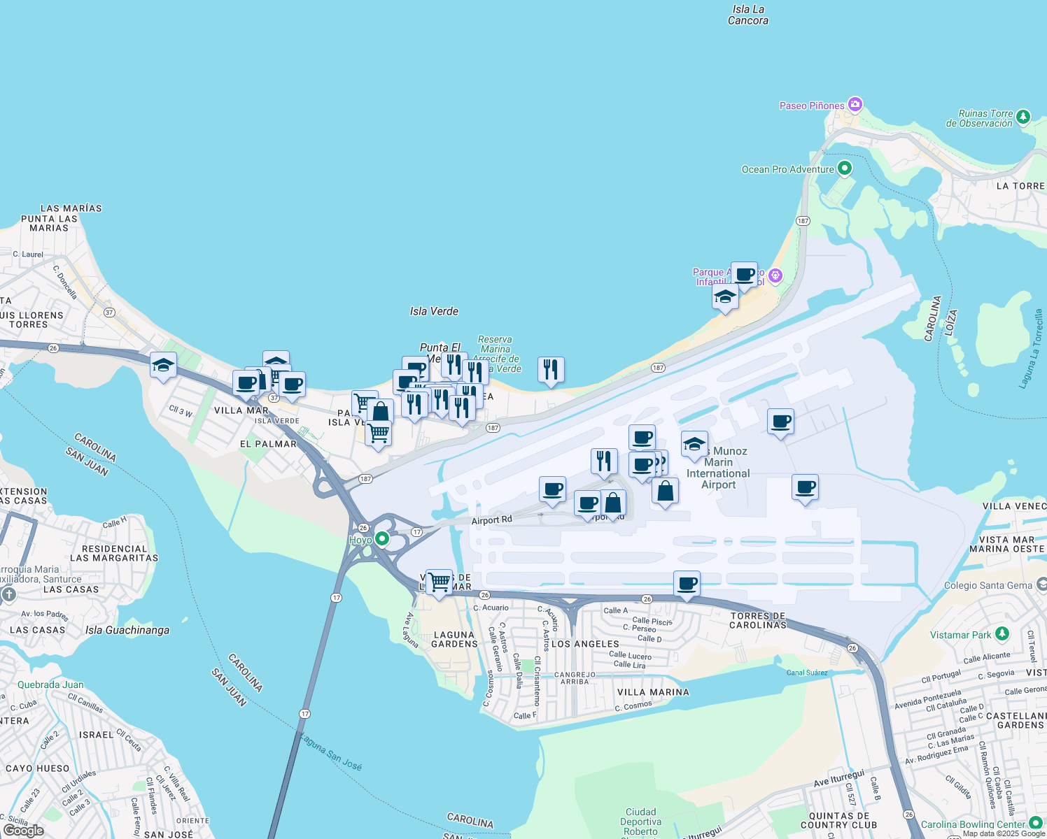 map of restaurants, bars, coffee shops, grocery stores, and more near in Carolina