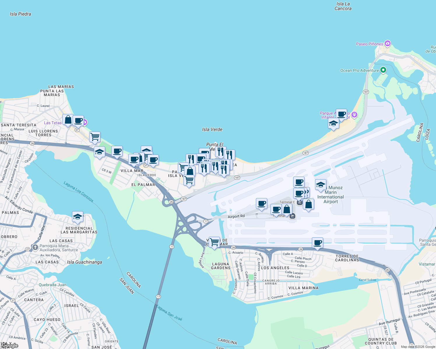 map of restaurants, bars, coffee shops, grocery stores, and more near 6741 Avenida Isla Verde in Carolina