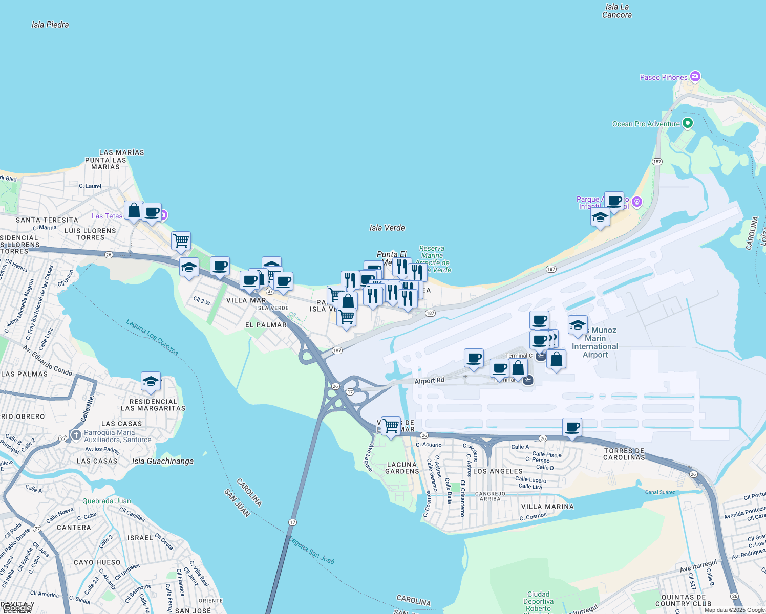 map of restaurants, bars, coffee shops, grocery stores, and more near 6741 Avenida Isla Verde in Carolina