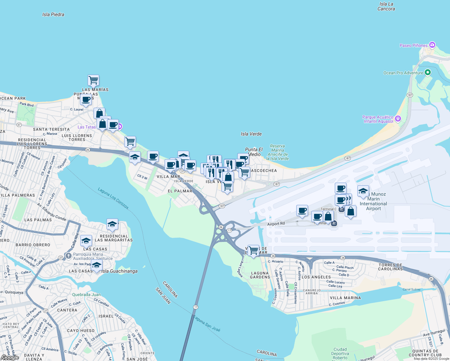 map of restaurants, bars, coffee shops, grocery stores, and more near in Carolina