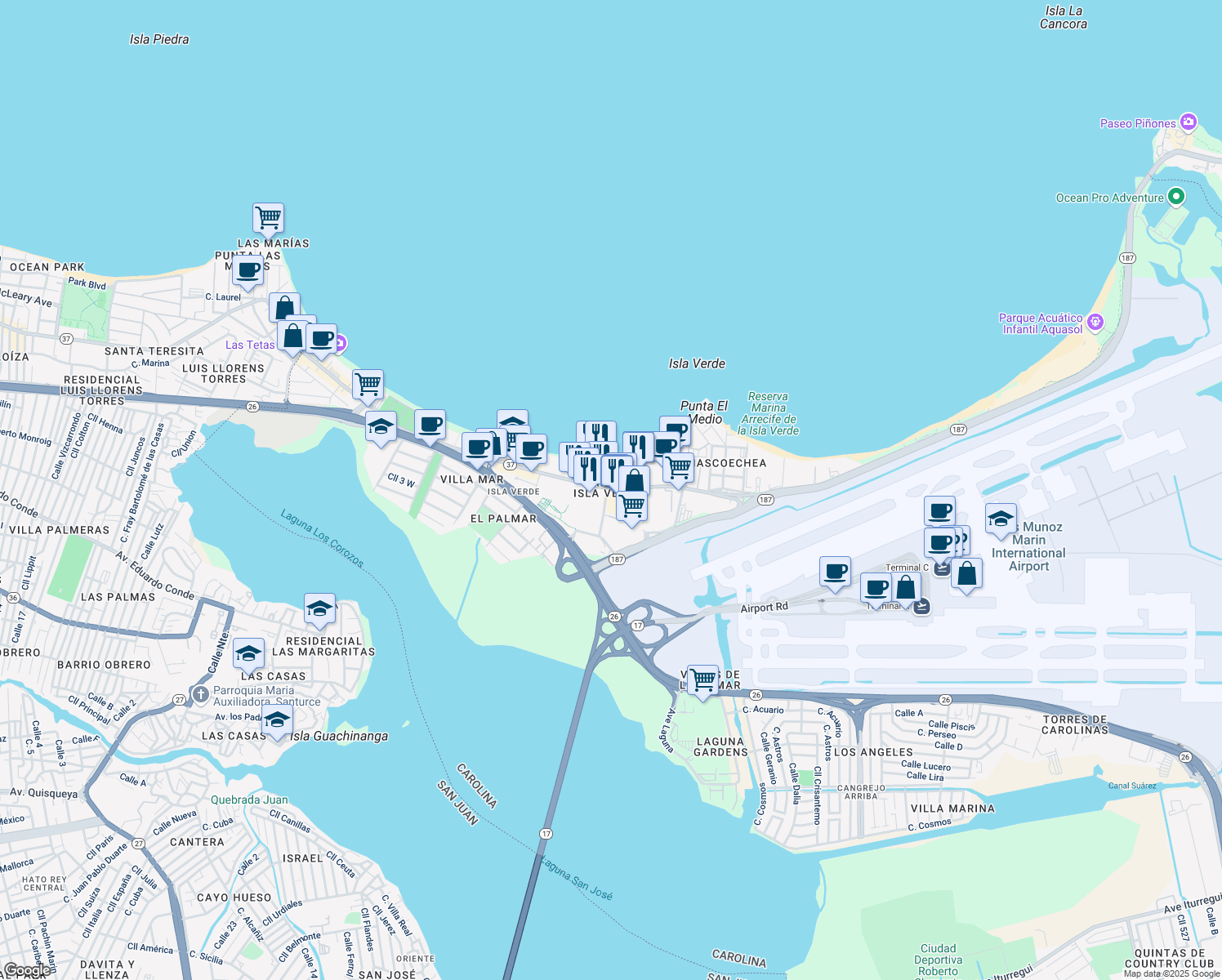 map of restaurants, bars, coffee shops, grocery stores, and more near in Carolina