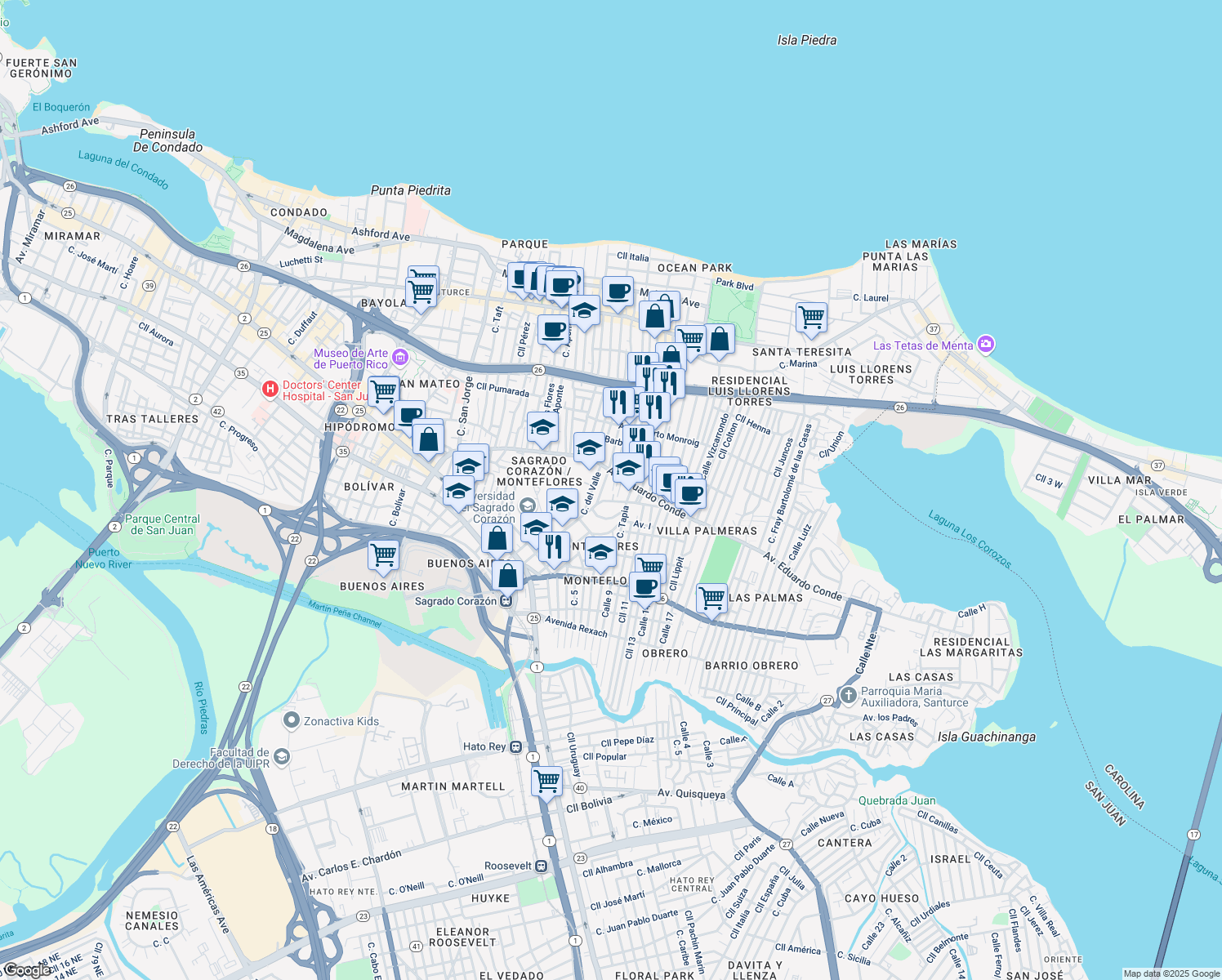 map of restaurants, bars, coffee shops, grocery stores, and more near 410 Calle del Río in San Juan
