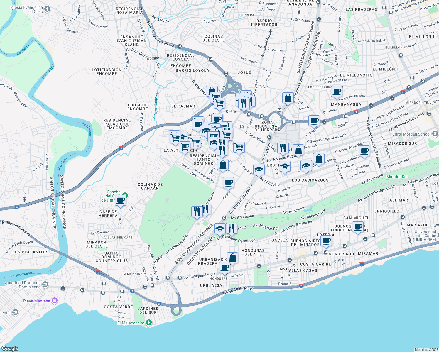 map of restaurants, bars, coffee shops, grocery stores, and more near Avenida Isabel Aguiar in Santo Domingo