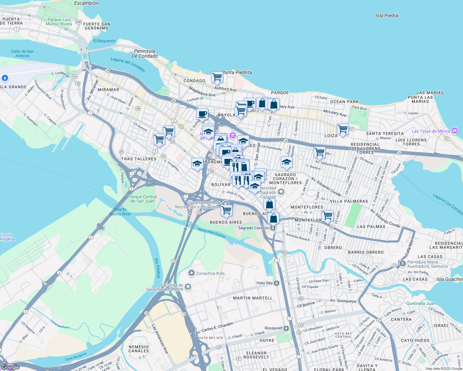 map of restaurants, bars, coffee shops, grocery stores, and more near 1648 Avenida Manuel Fernández Juncos in San Juan