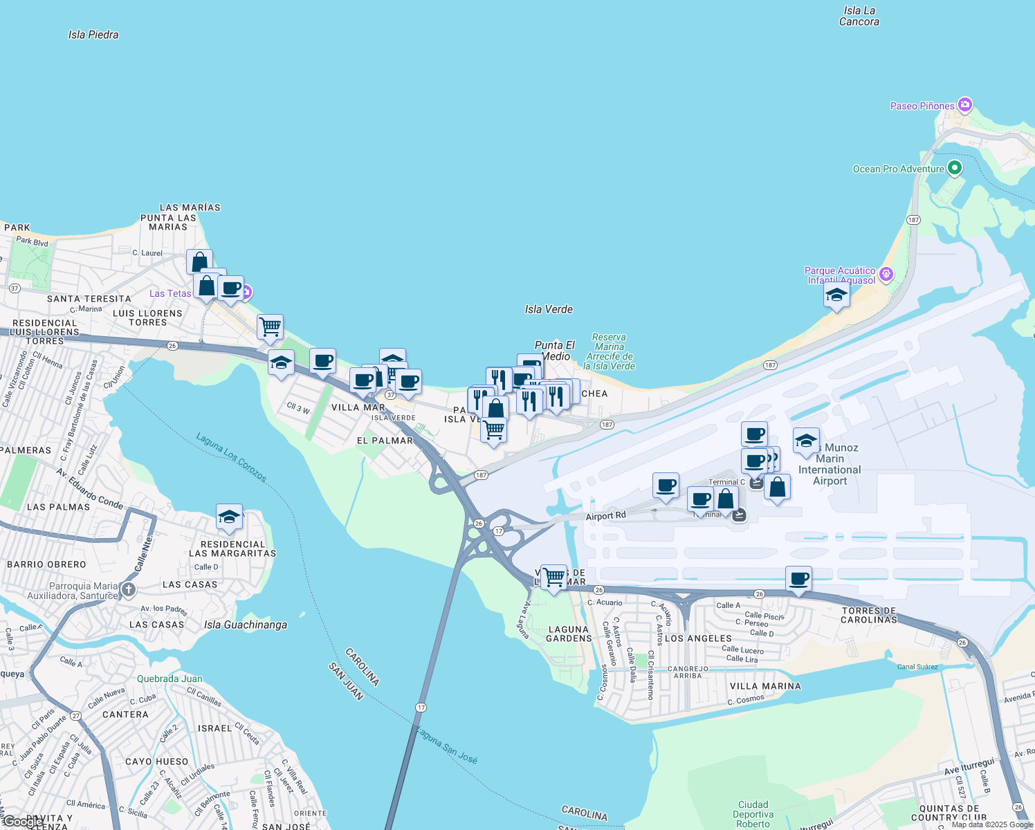 map of restaurants, bars, coffee shops, grocery stores, and more near Calle Diaz Way in Carolina