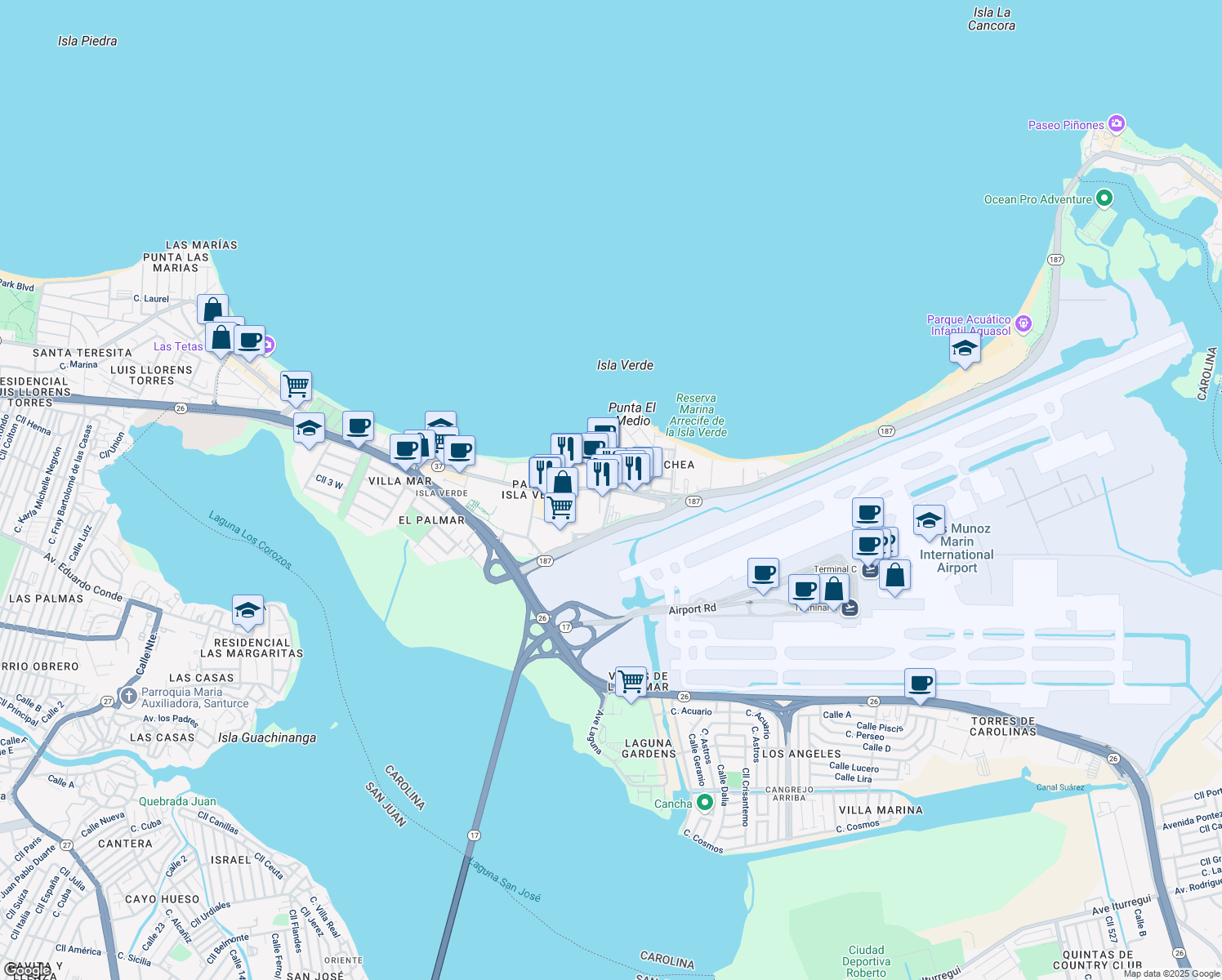 map of restaurants, bars, coffee shops, grocery stores, and more near Calle Diaz Way in Carolina