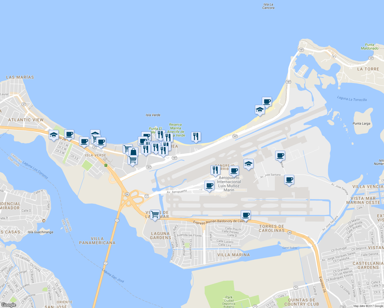 map of restaurants, bars, coffee shops, grocery stores, and more near Highway 187 in Carolina