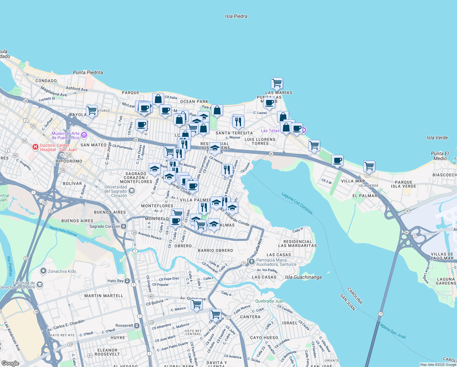 map of restaurants, bars, coffee shops, grocery stores, and more near 305-331 Calle Juncos in San Juan