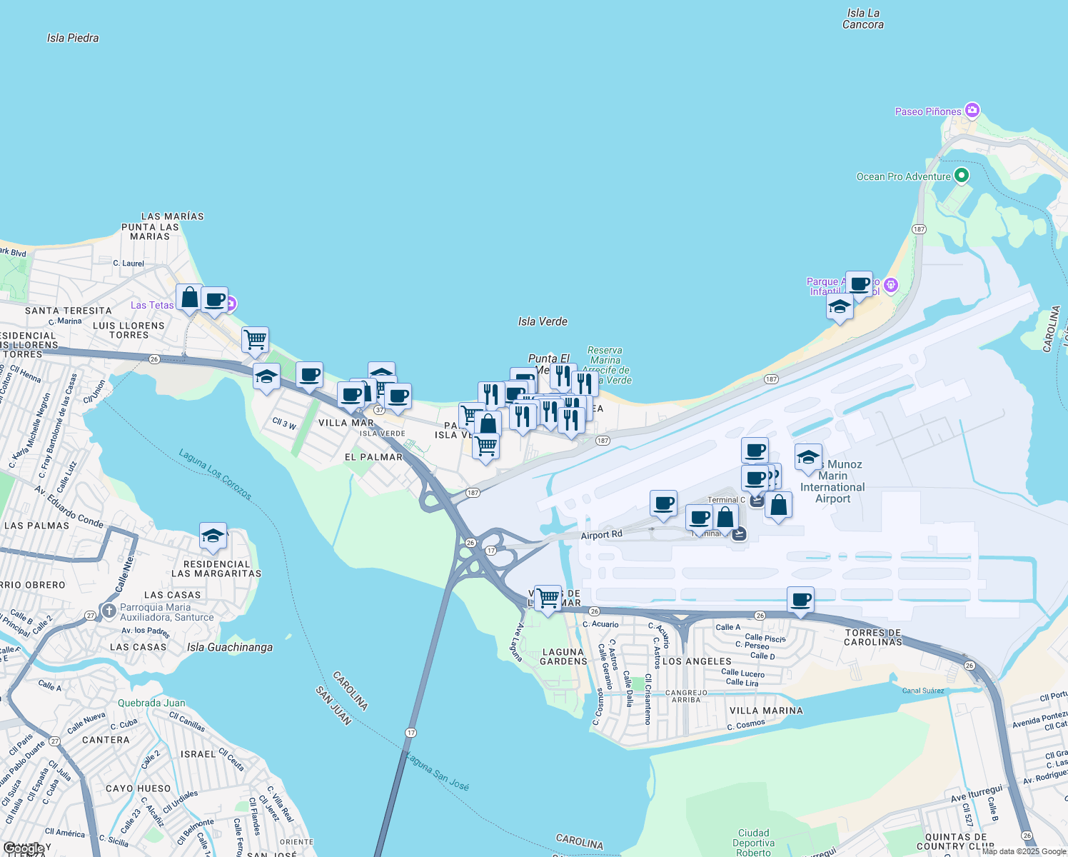 map of restaurants, bars, coffee shops, grocery stores, and more near 6741 Avenida Isla Verde in Carolina