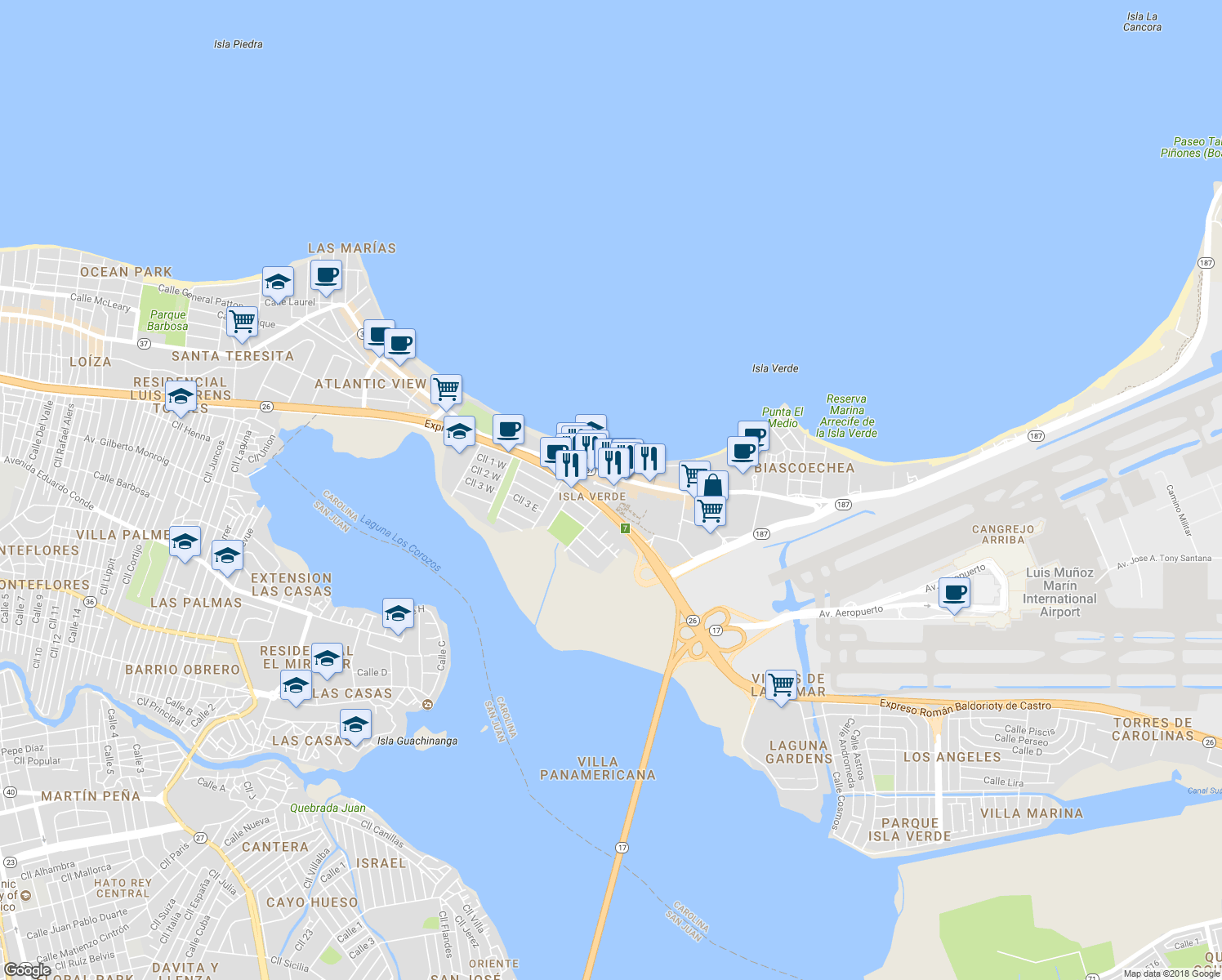 map of restaurants, bars, coffee shops, grocery stores, and more near 10 Calle Palmar Real in Carolina