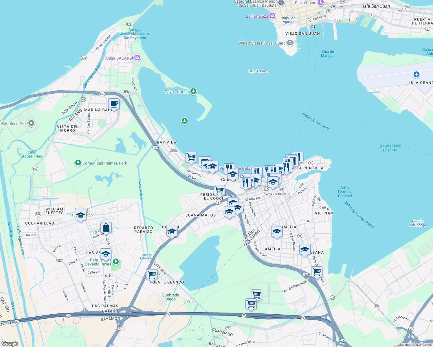 map of restaurants, bars, coffee shops, grocery stores, and more near Avenida Las Nereidas in Cataño