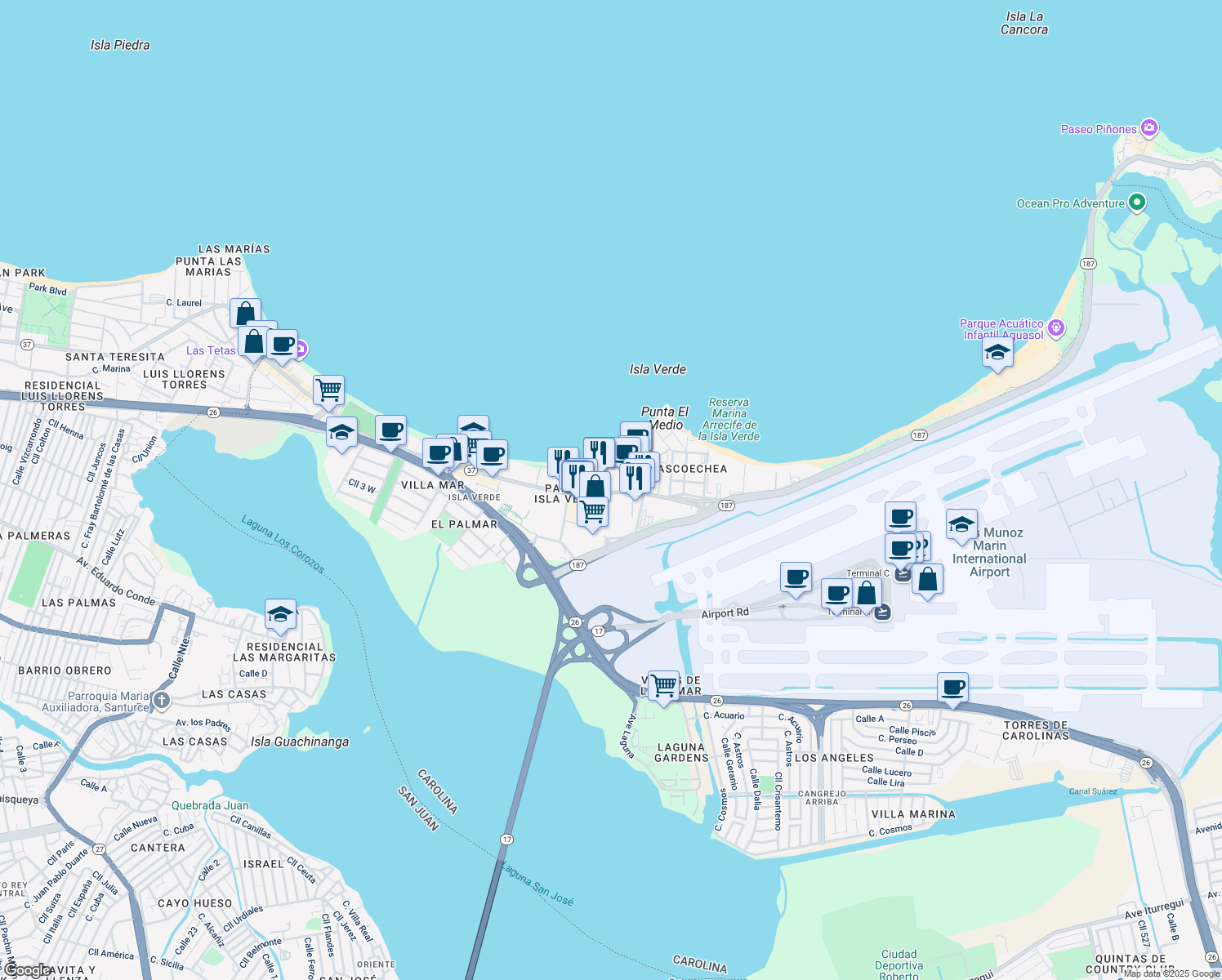 map of restaurants, bars, coffee shops, grocery stores, and more near 6200 Avenida Isla Verde in Carolina