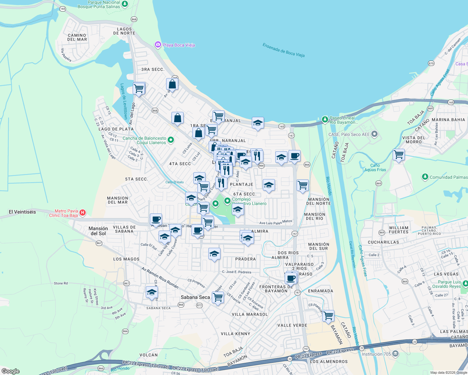 map of restaurants, bars, coffee shops, grocery stores, and more near Cll Violeta in Toa Baja