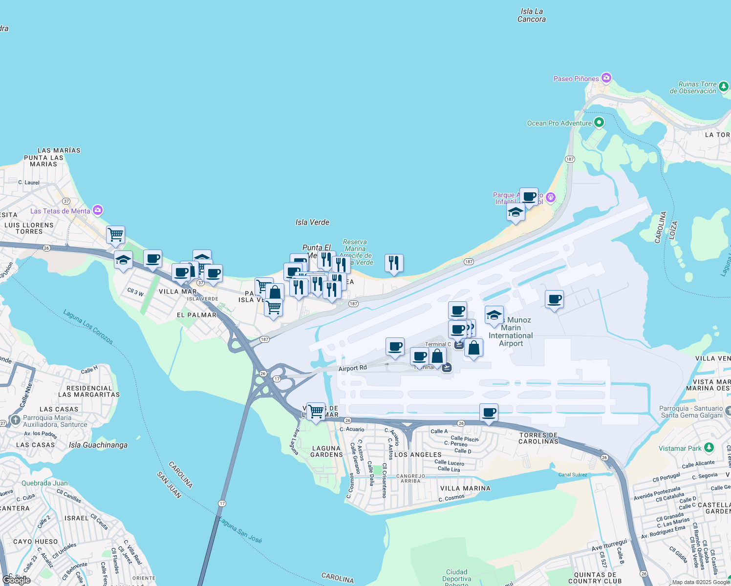 map of restaurants, bars, coffee shops, grocery stores, and more near in Carolina