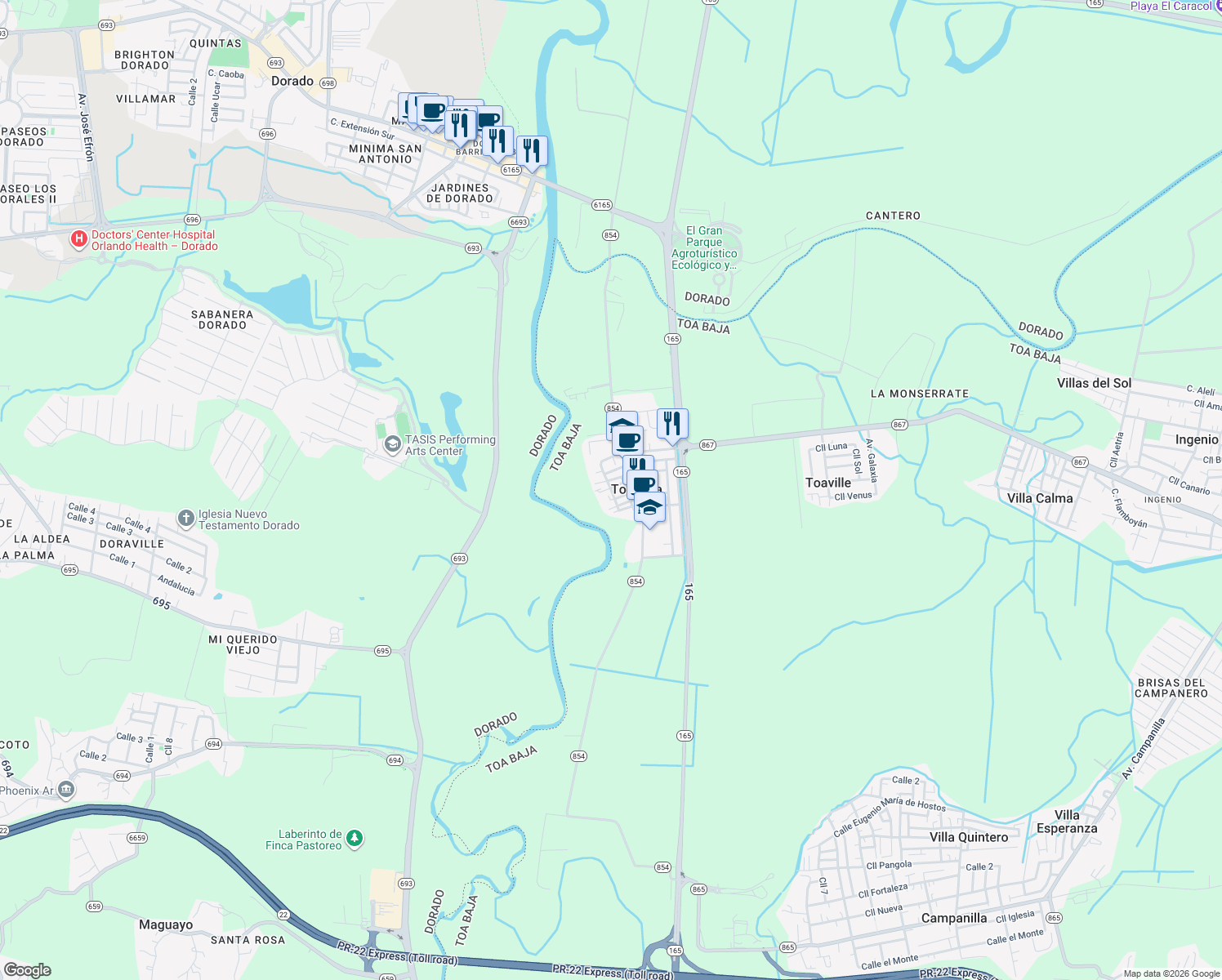 map of restaurants, bars, coffee shops, grocery stores, and more near Francisco Sosa Perez Street in Toa Baja
