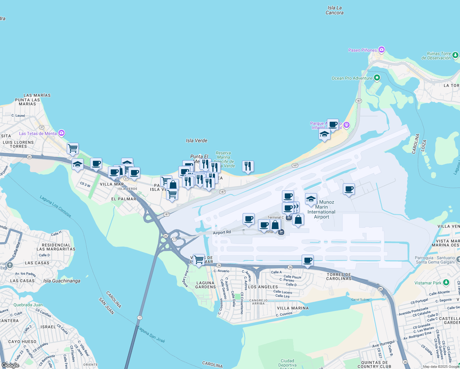 map of restaurants, bars, coffee shops, grocery stores, and more near in Carolina
