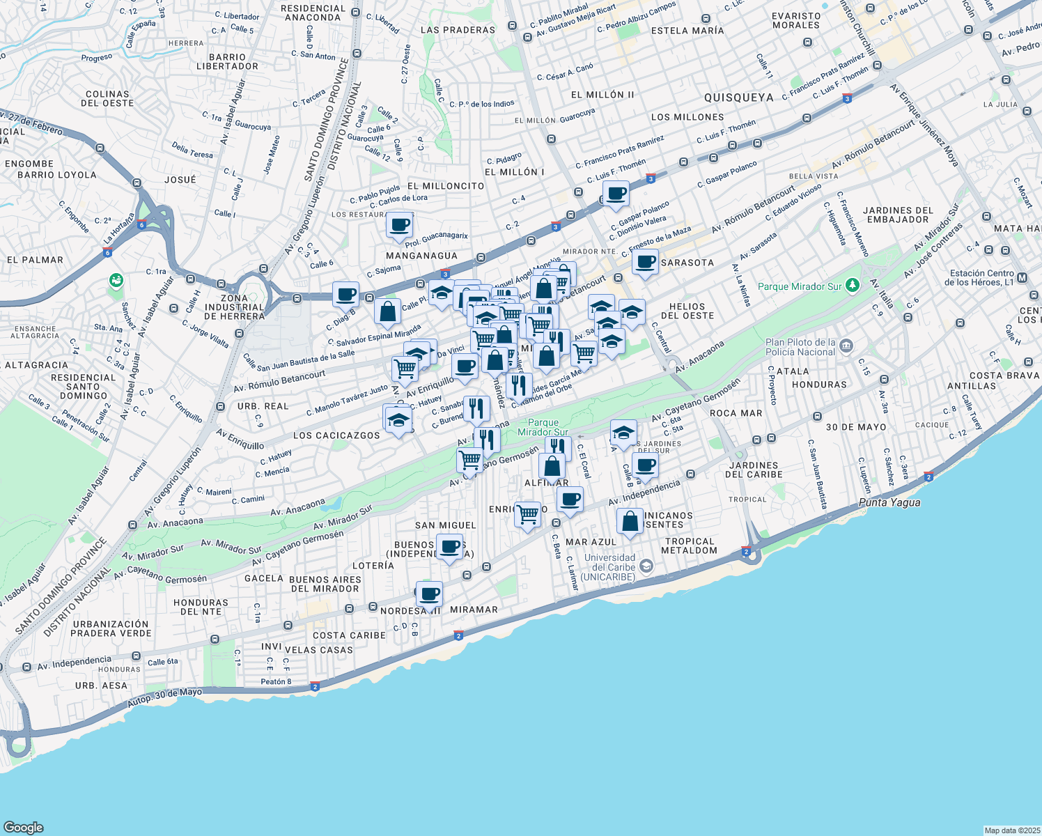 map of restaurants, bars, coffee shops, grocery stores, and more near Avenida Anacaona in Santo Domingo