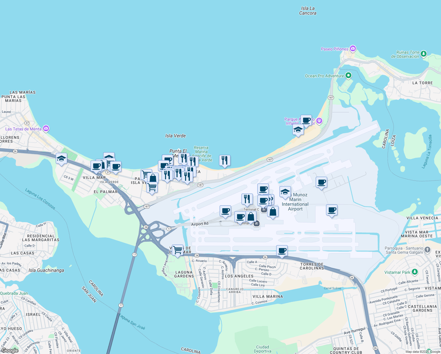map of restaurants, bars, coffee shops, grocery stores, and more near in Carolina