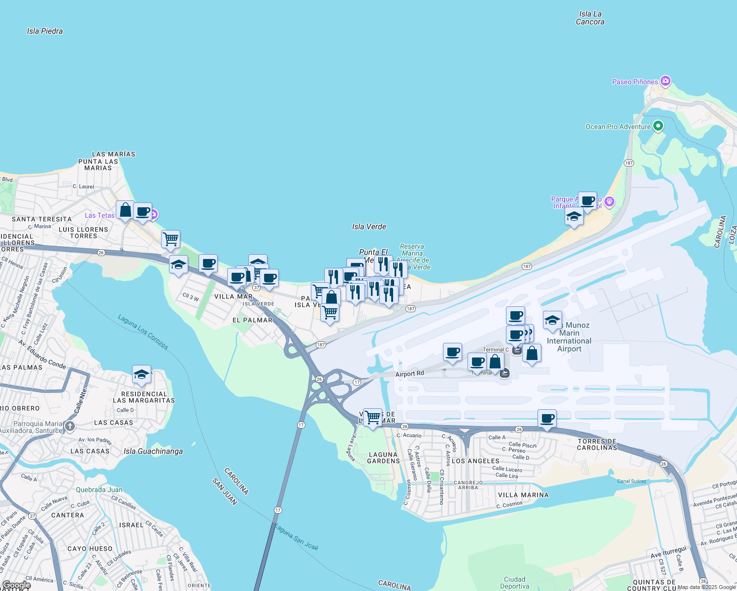 map of restaurants, bars, coffee shops, grocery stores, and more near 6741 Avenida Isla Verde in Carolina