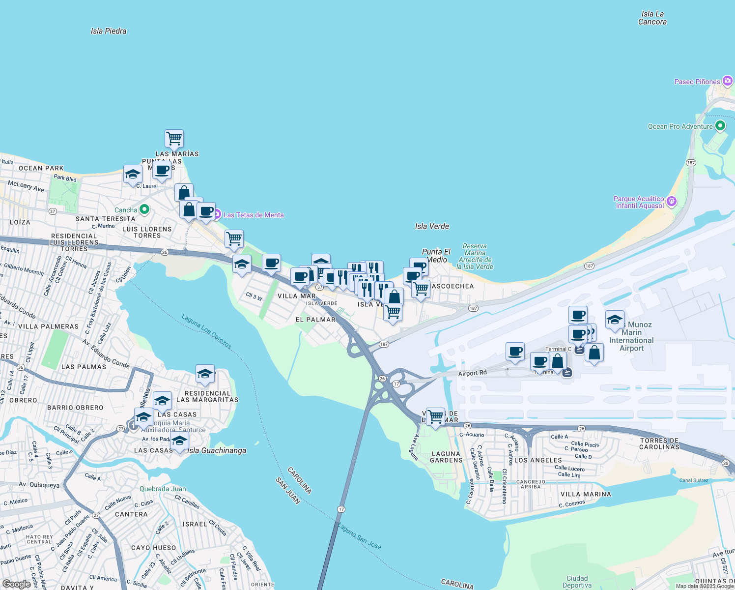 map of restaurants, bars, coffee shops, grocery stores, and more near 1048 Avenida Isla Verde in Carolina