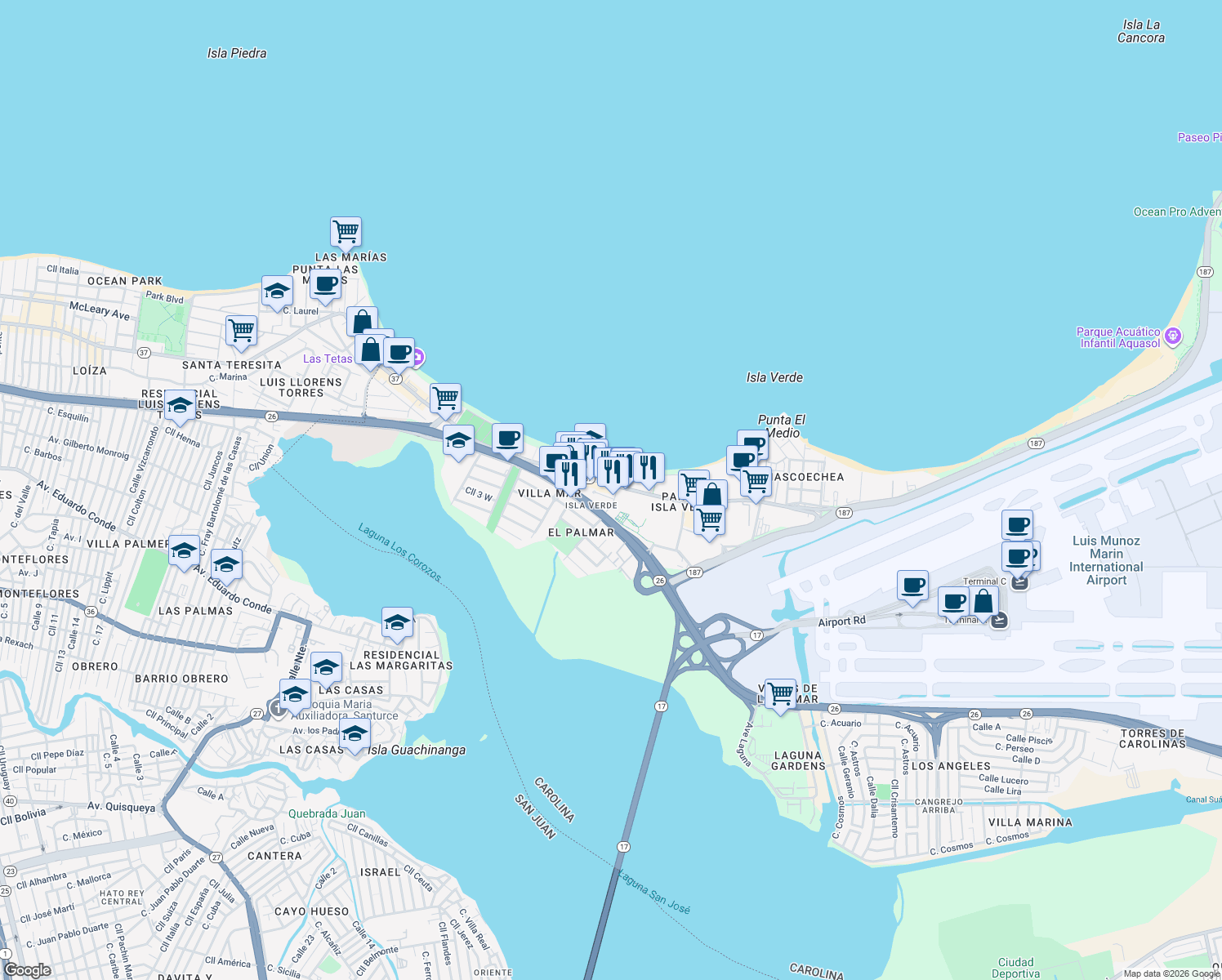 map of restaurants, bars, coffee shops, grocery stores, and more near 10 Calle Palmar Real in Carolina