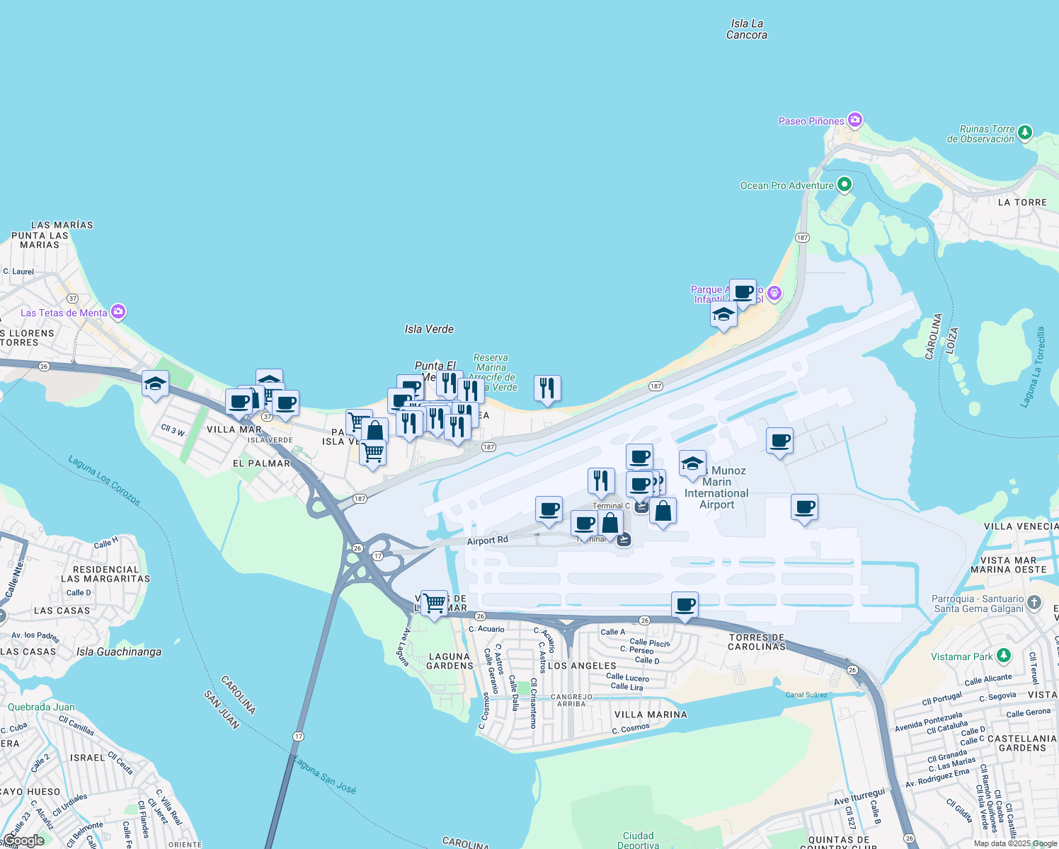 map of restaurants, bars, coffee shops, grocery stores, and more near in Carolina