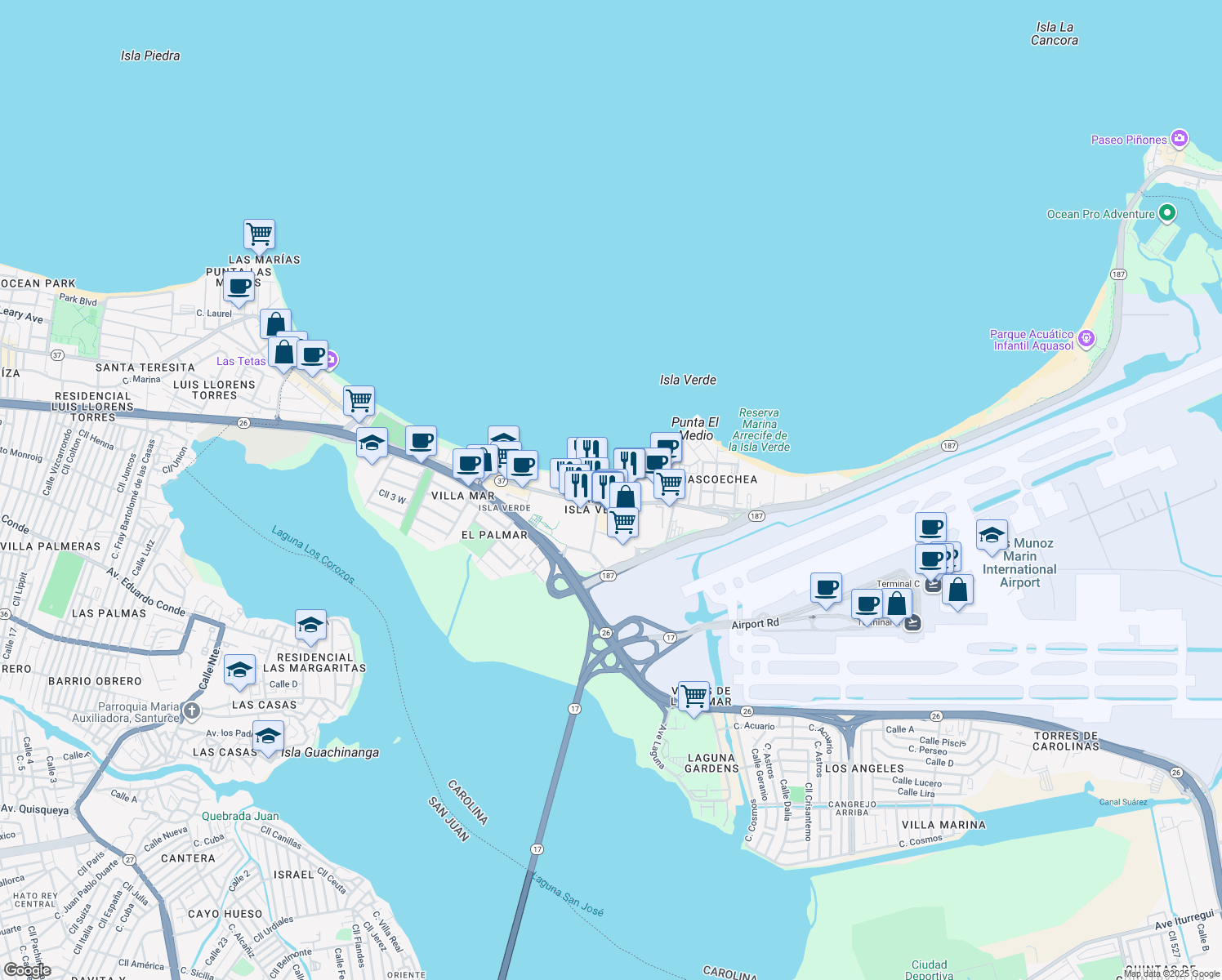 map of restaurants, bars, coffee shops, grocery stores, and more near in Carolina